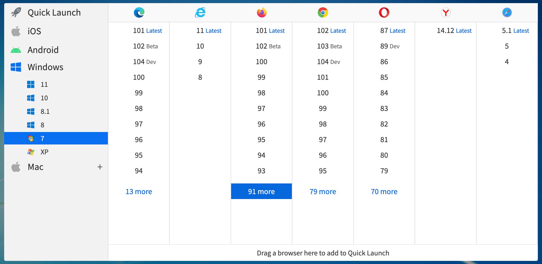 BrowserStack quick launch page