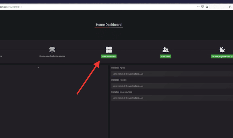 To add your first dashboard in Grafana, click on the “New dashboard” icon