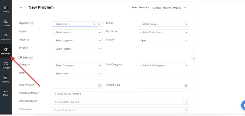 a form where you can enter the details of the new problem and assign it to the appropriate agent