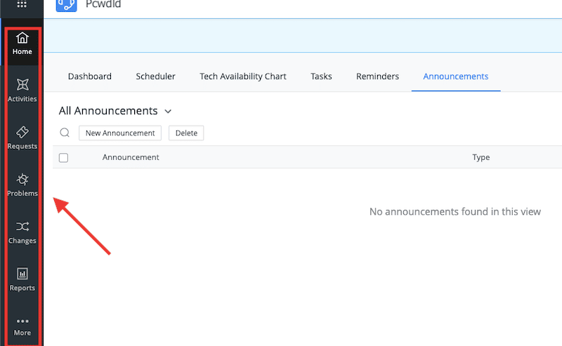 navigation menu on the left side of the screen to manage requests, incidents, problems, changes, projects, solutions, assets, reports, and more