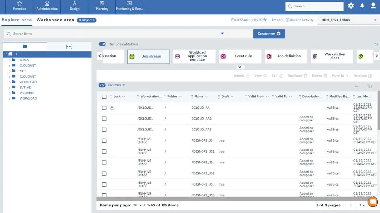 IBM Workload Automation workspace area