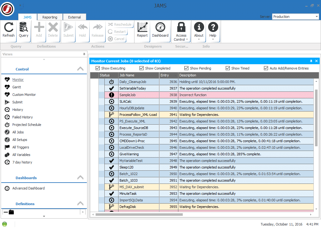 JAMS Scheduler dashboard