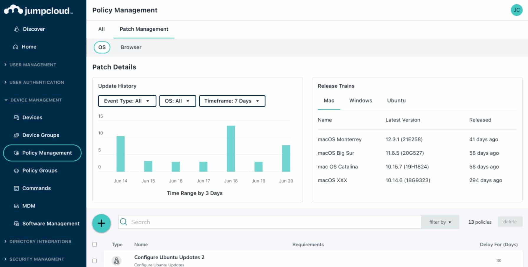 Jumpcloud patch management screenshot