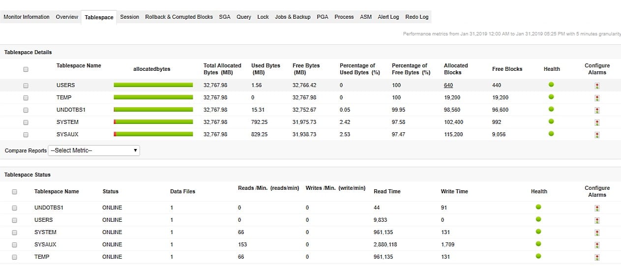 ManageEngine APM Oracle Tablespace Metrics