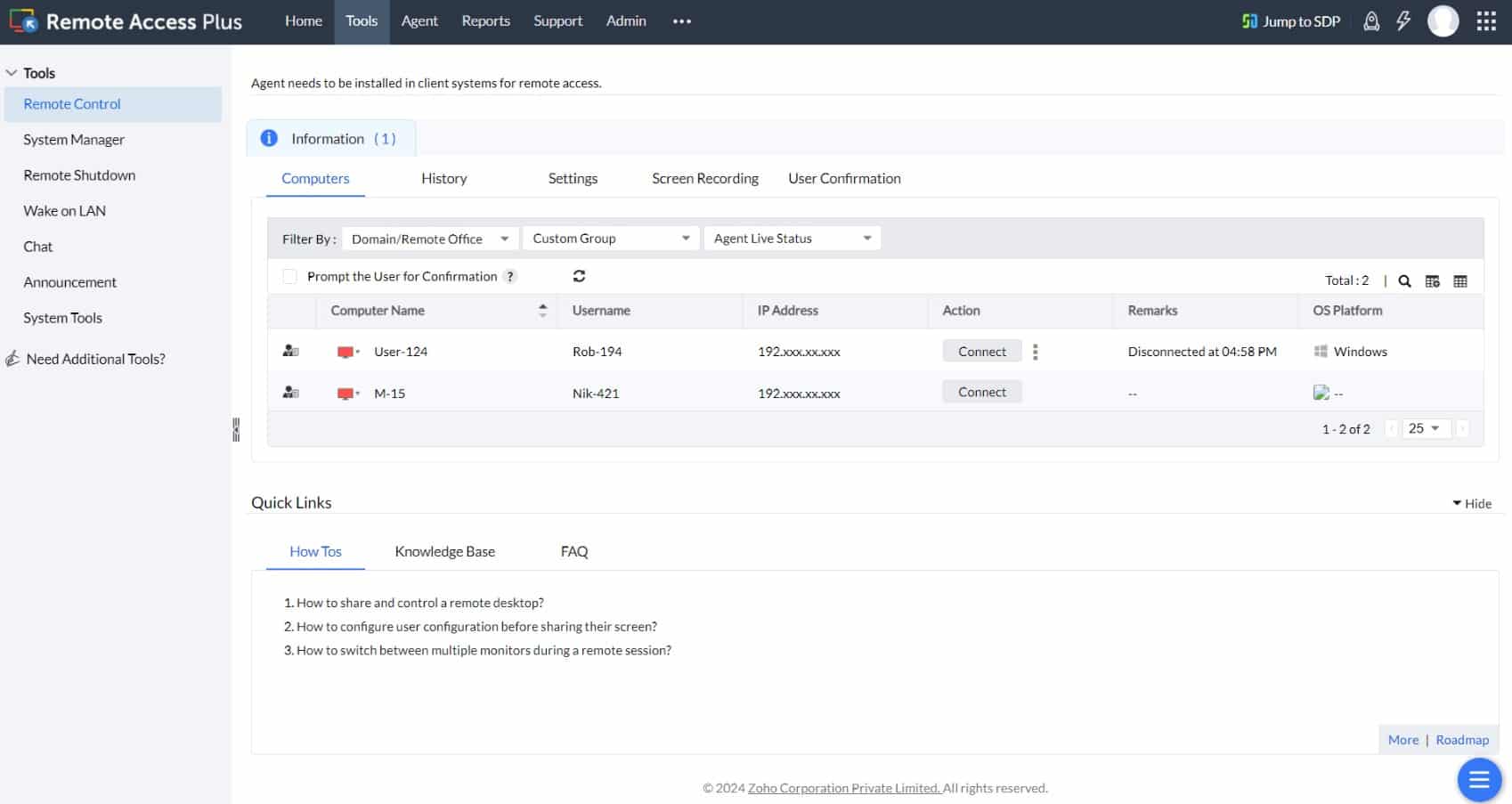 ManageEngine Remote Access Plus remote administration