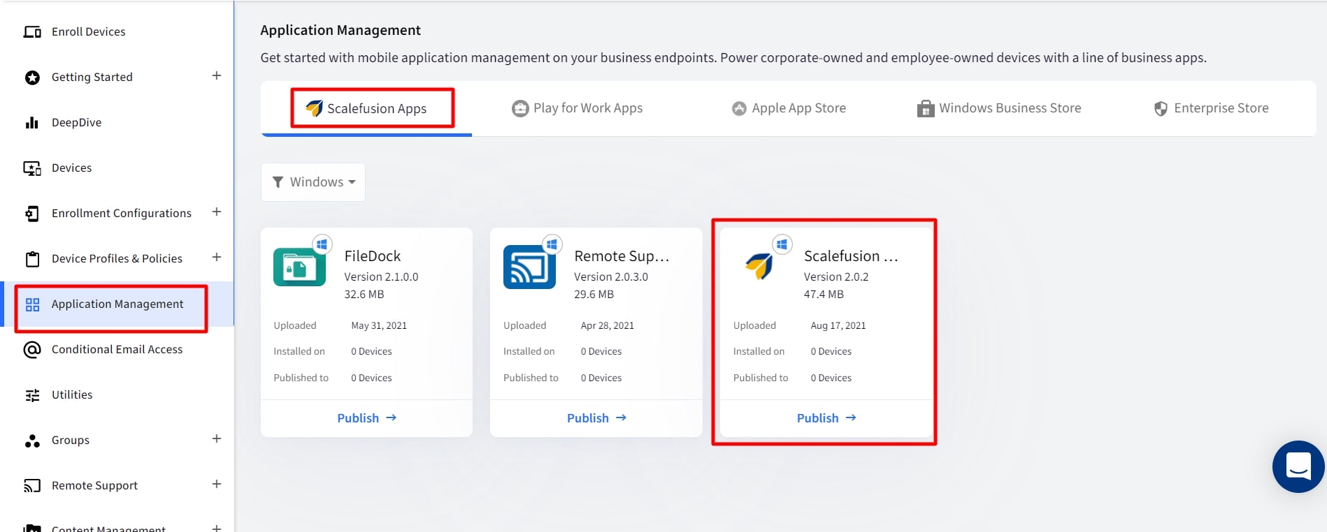 Scalefusion application management view