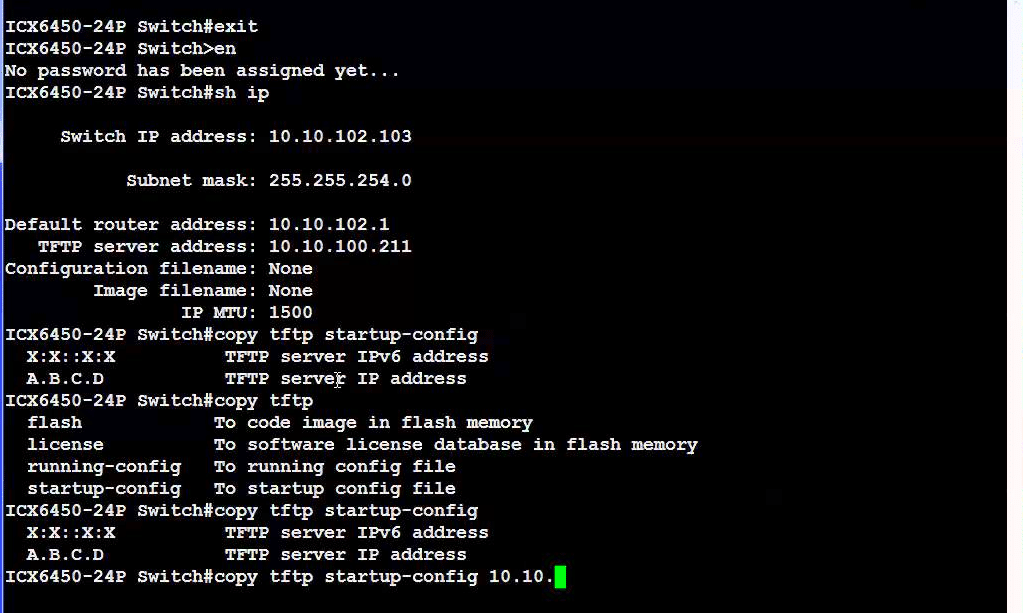 IOS command “copy tftp startup-config [ip address of the TFTP server]”