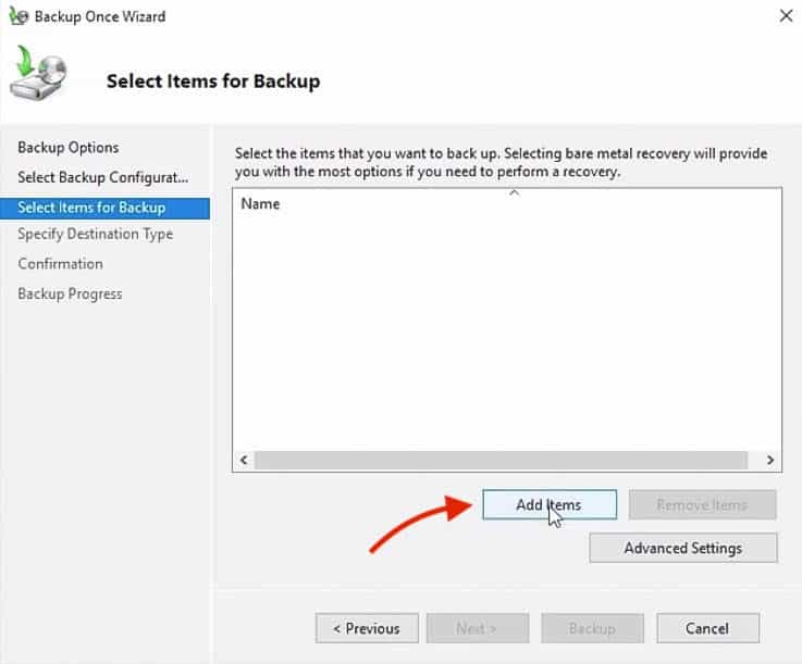 Select Items for Backup