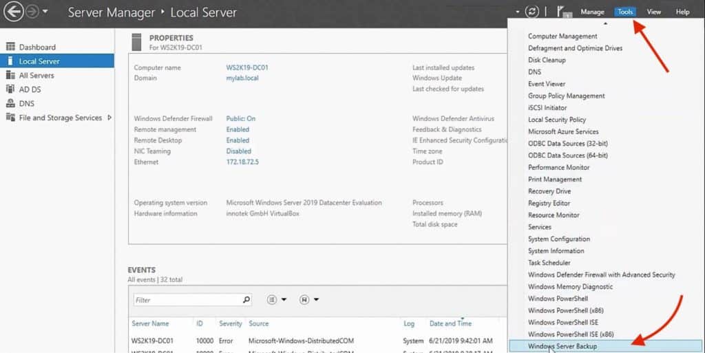 Server Manager Winders Server Backup