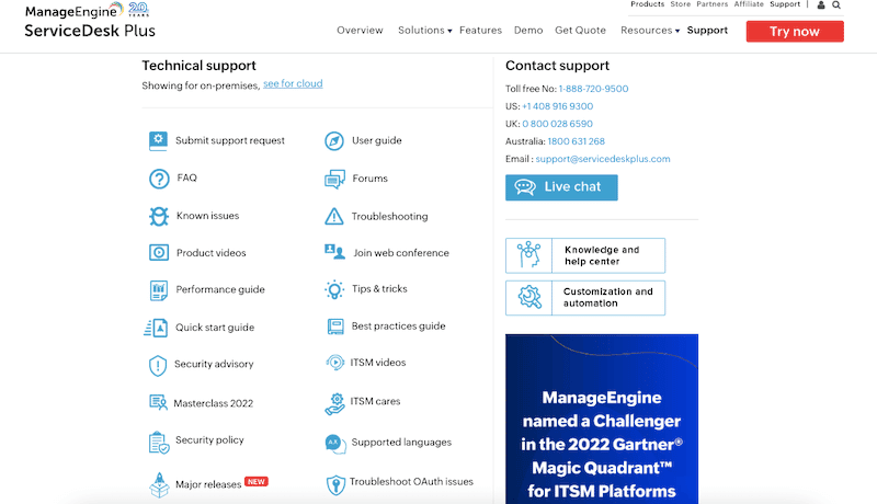 ManageEngine includes various customer technical support options to help users get the most out of the software