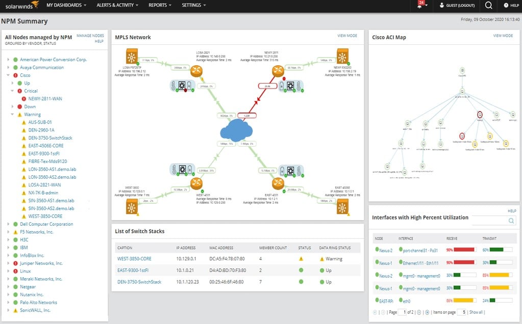 SolarWinds Network Performance Monitor NPM Summary view
