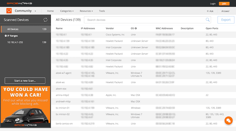 Spiceworks IP Scanner