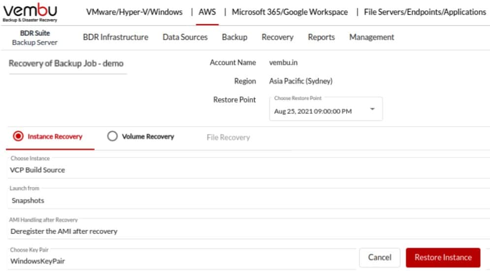 Vembu BDR Suite for AWS