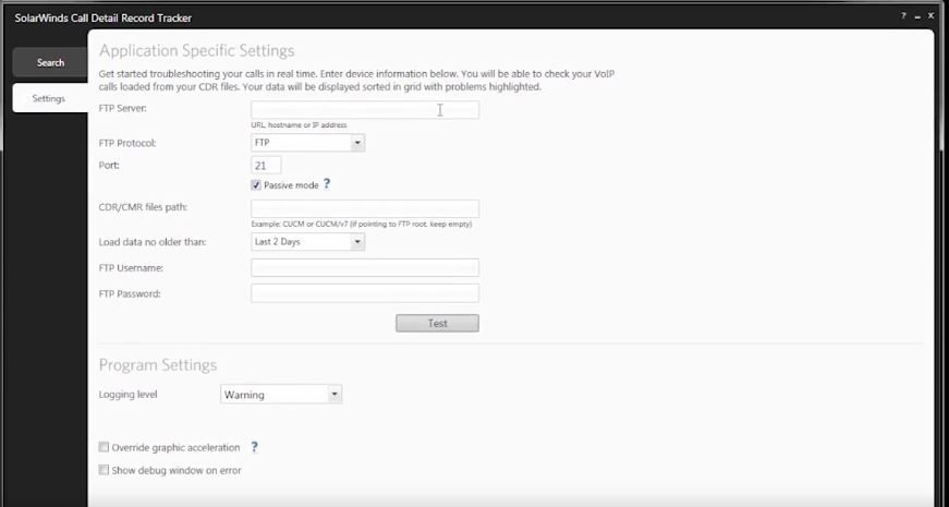 application specific settings call detail record tracker