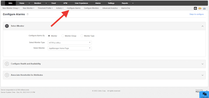 ManageEngine Applications Manager configuration of alarms and actions