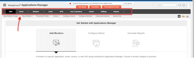 ManageEngine Applications Manager uses the main menu bar located on the top