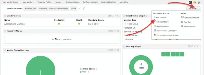 ManageEngine Applications Manager new dashboard creation or modification of the default one