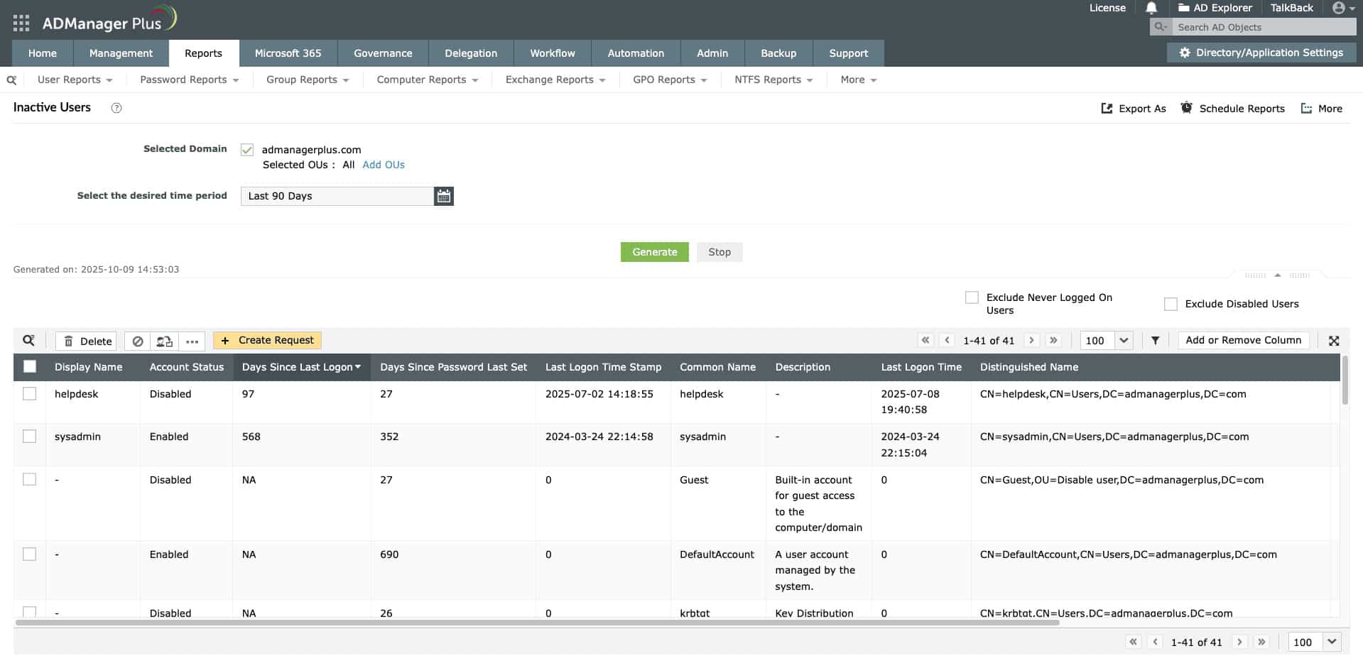 ADManager Plus Inactive Users Report Table With Last Logon Fields