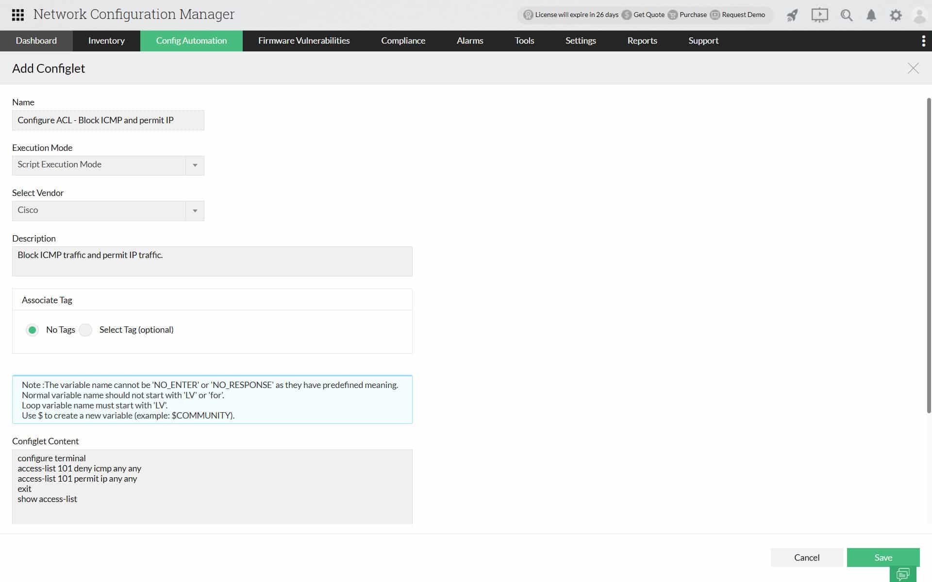 Network Configuration Manager ACL configlet showing block ICMP and permit IP commands