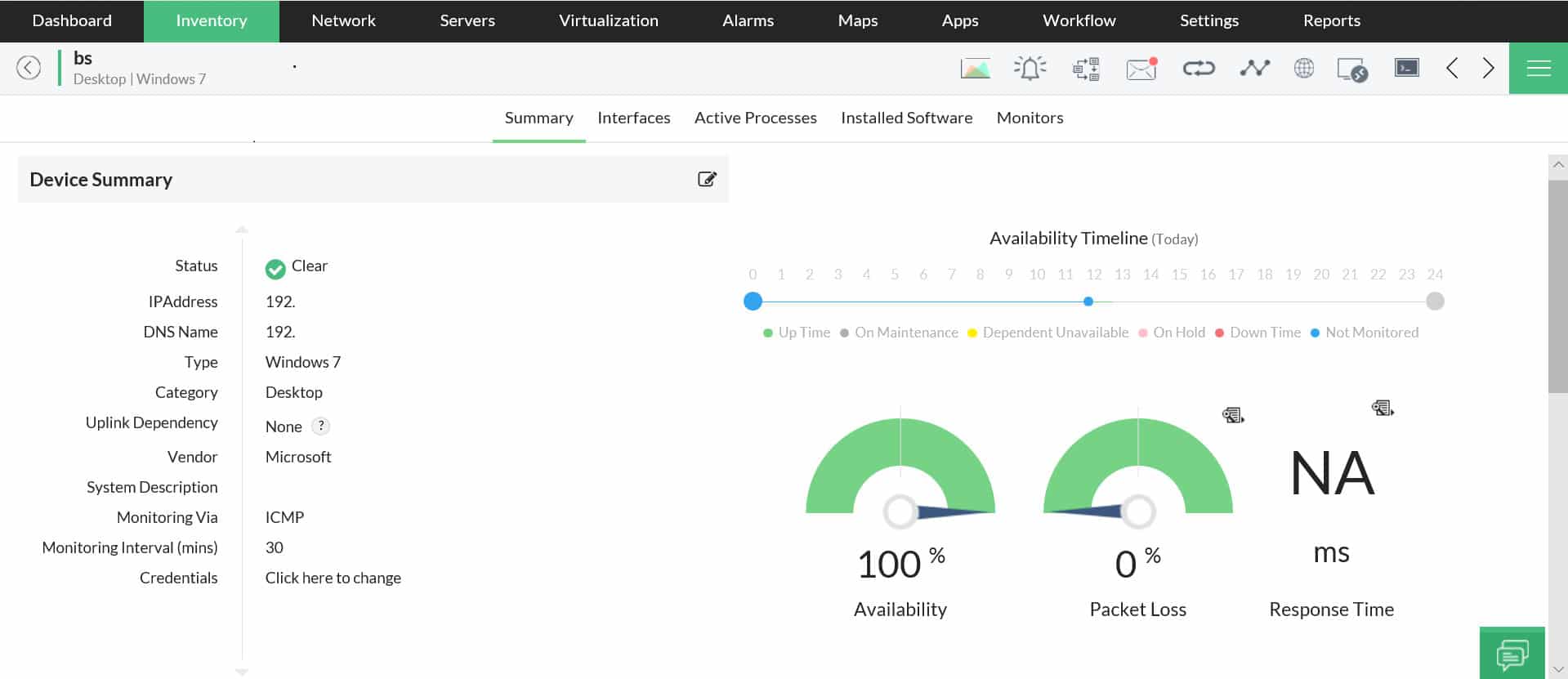 OpManager device summary showing availability timeline with packet loss and response time gauges