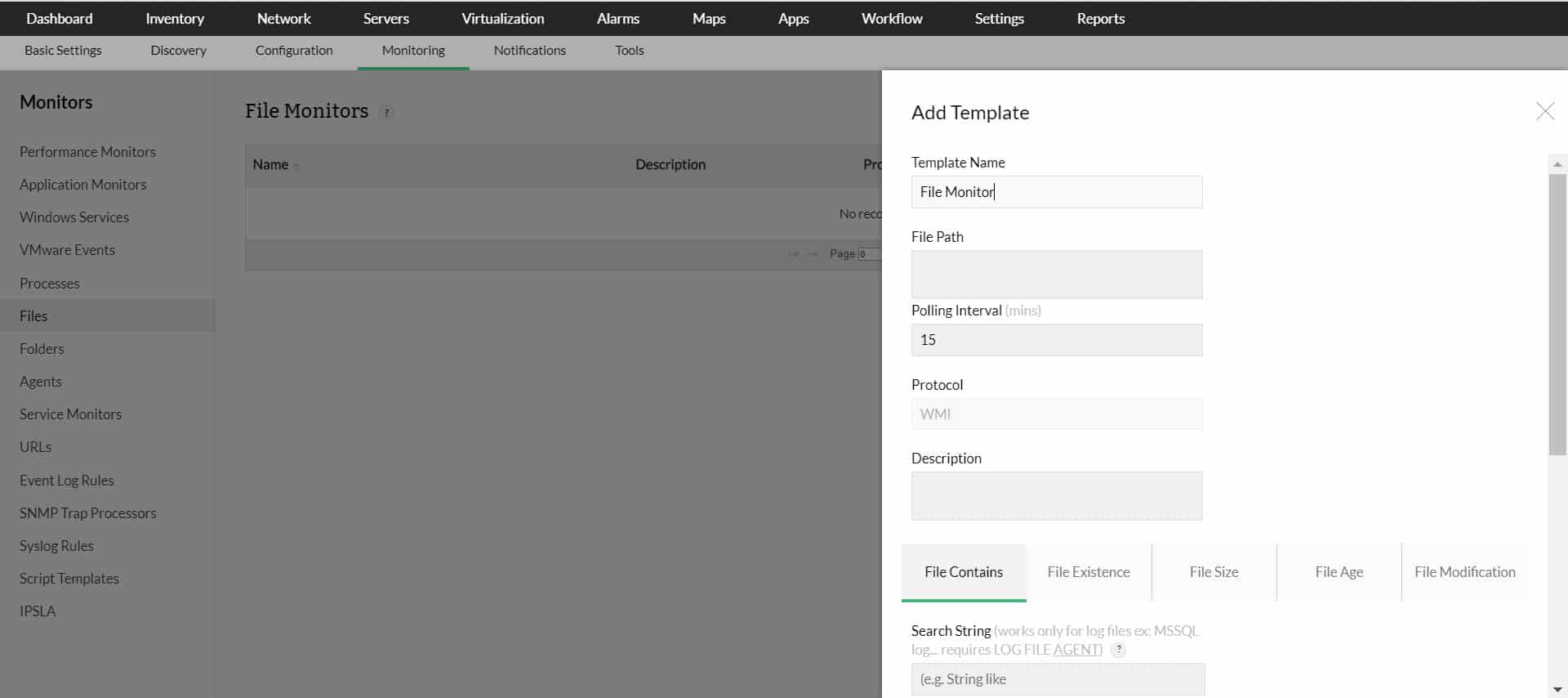 OpManager file monitoring template showing WMI settings and file checks