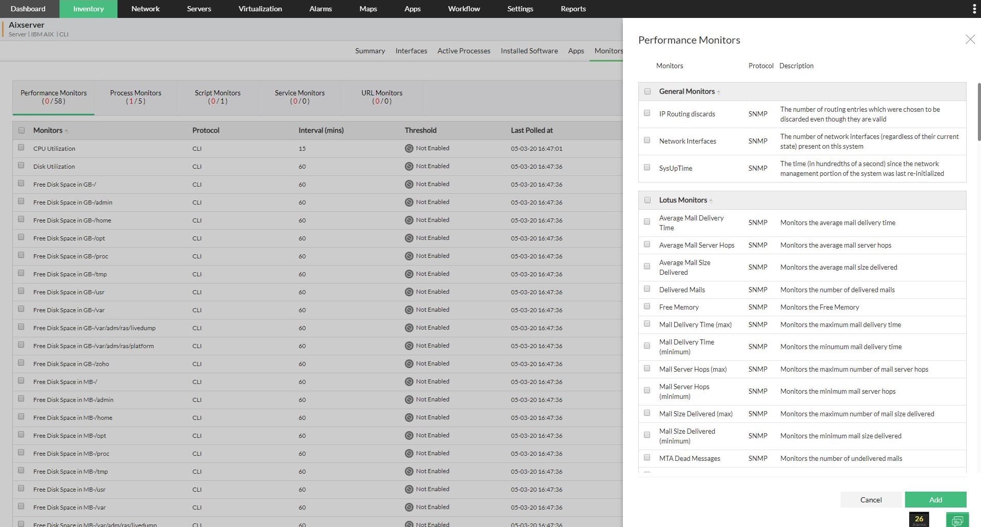 OpManager console showing IBM AIX server performance monitors and thresholds