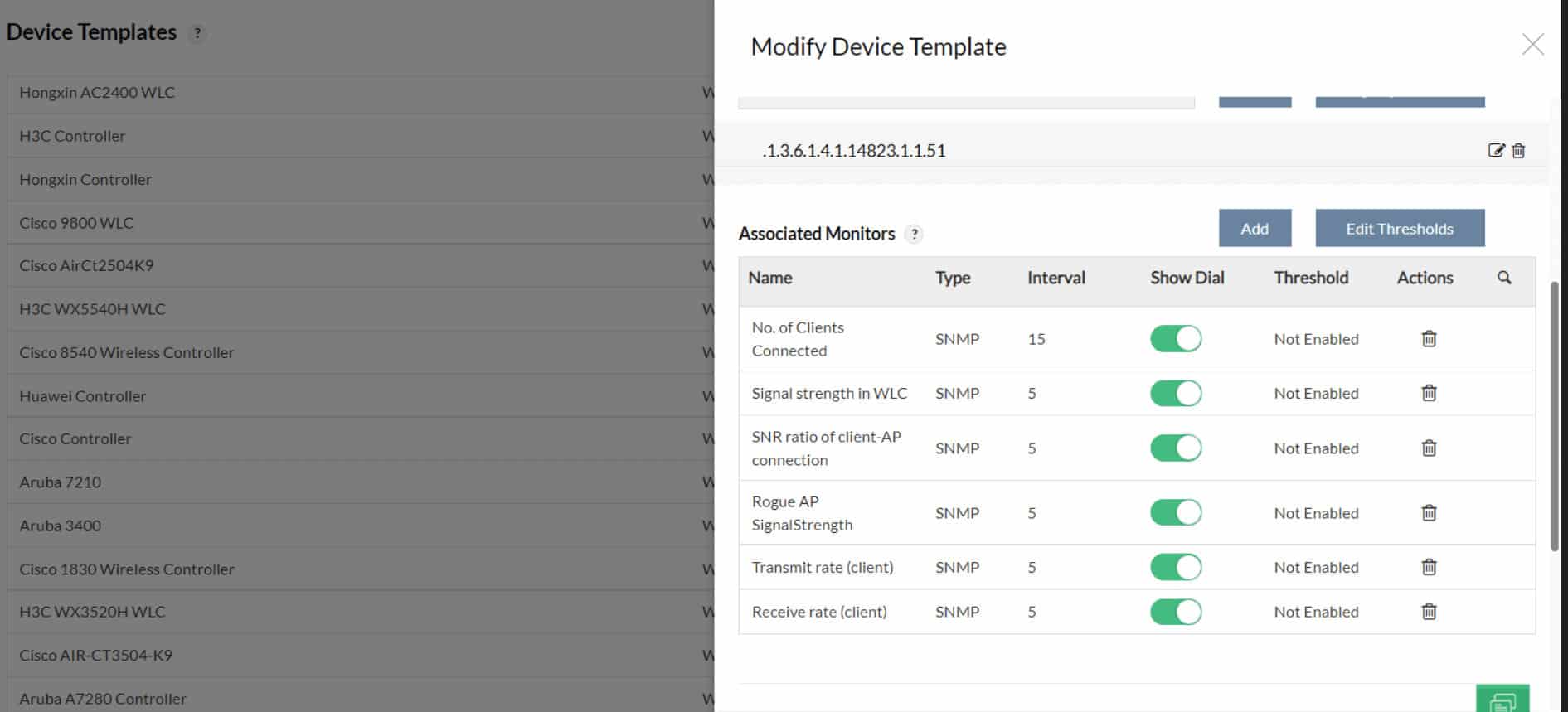 OpManager device template with WiFi signal strength SNR client count and rogue access point monitors