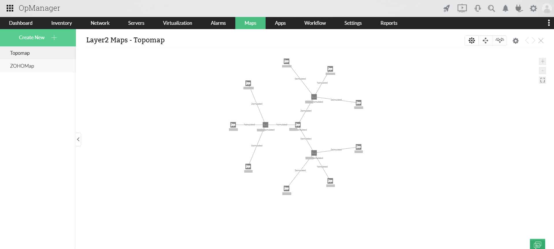 OpManager Layer 2 topology map showing discovered devices, links, and dependencies