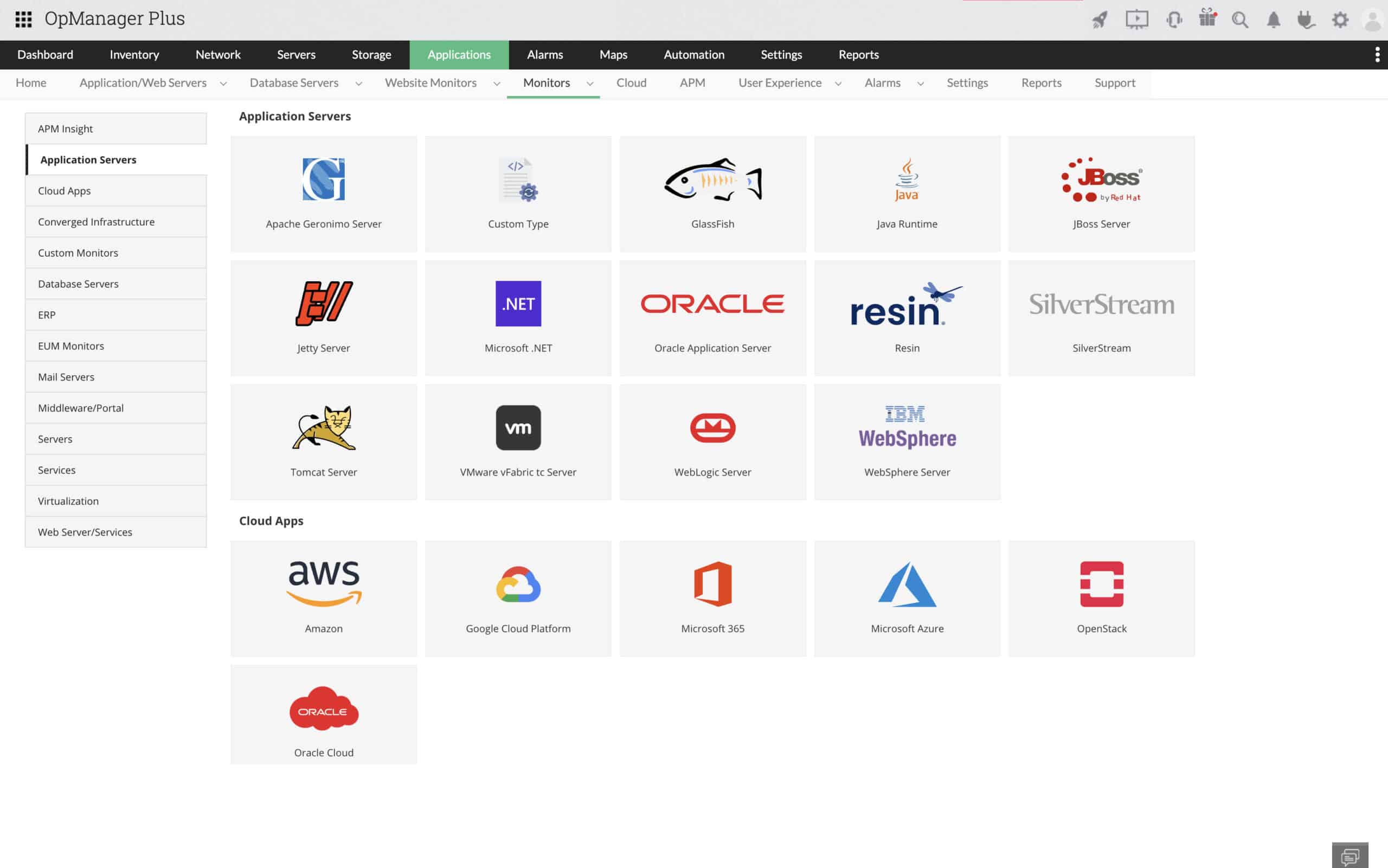 OpManager Plus applications monitors showing AWS Google Cloud Microsoft Azure OpenStack Oracle and Microsoft 365