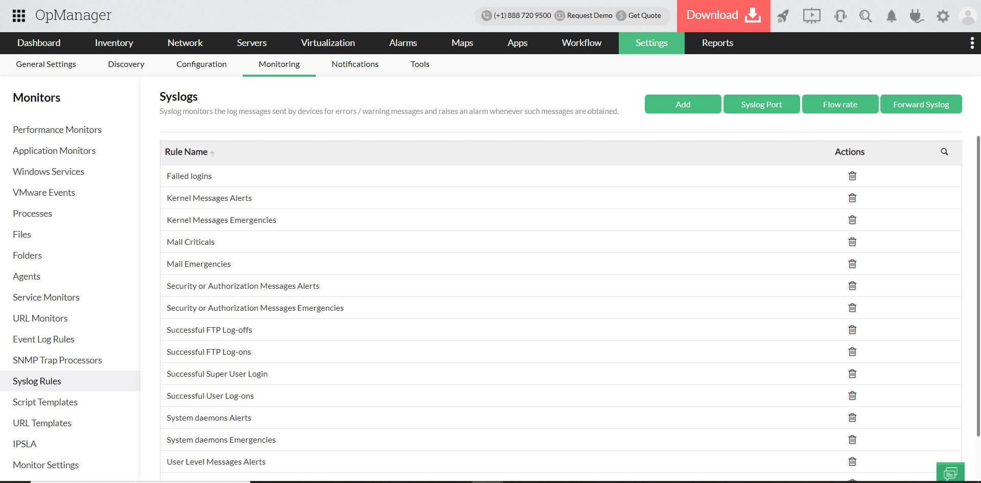 OpManager Syslog rules dashboard with port configuration flow rate and forwarding controls