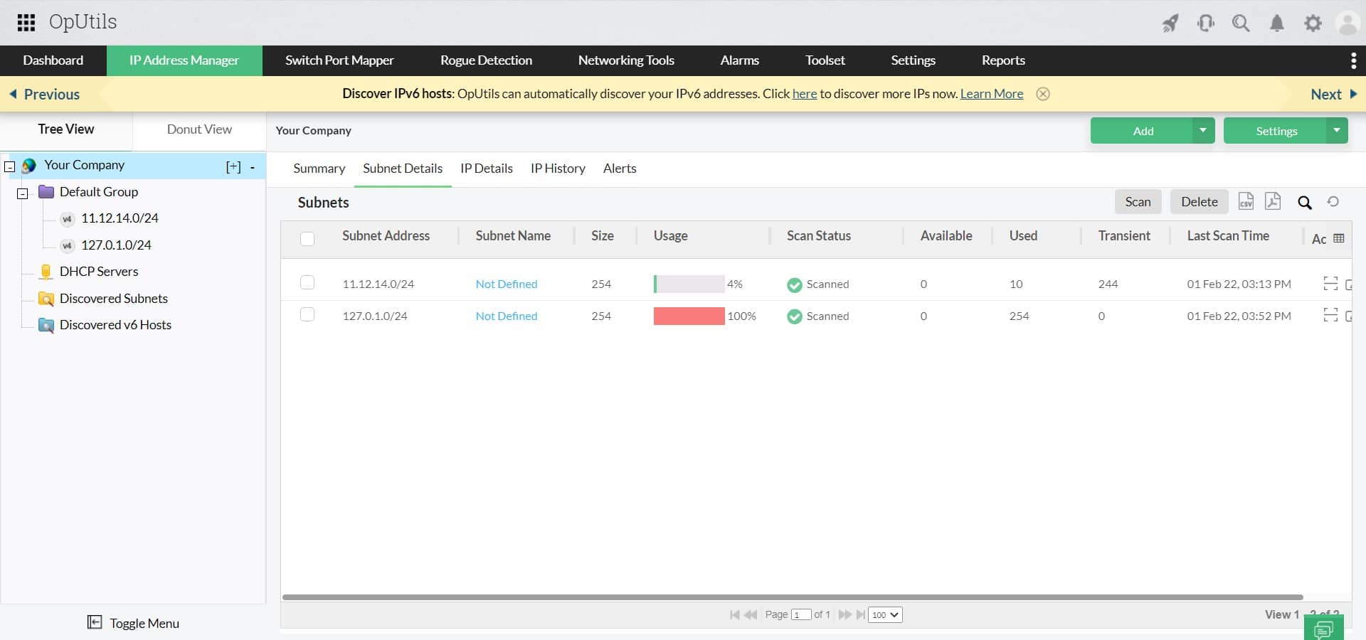 OpUtils IP Address Manager subnets view showing usage bars available and used counts
