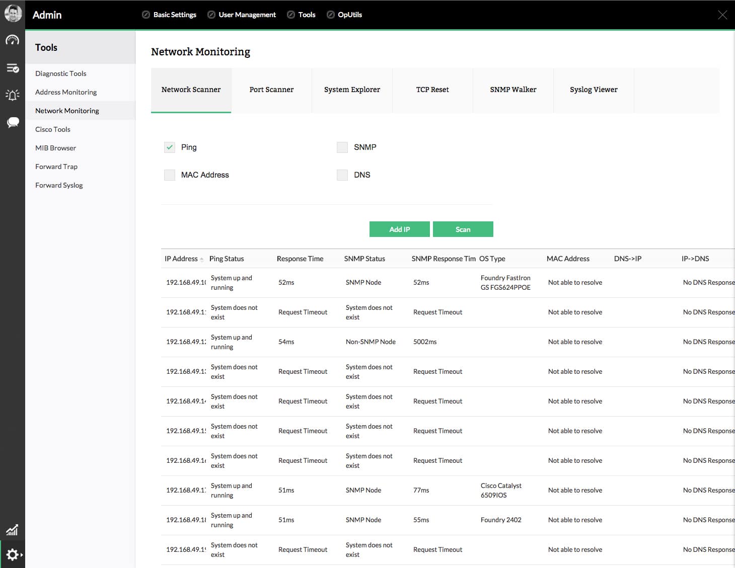 OpUtils network scanner ping sweep results with statuses and response times
