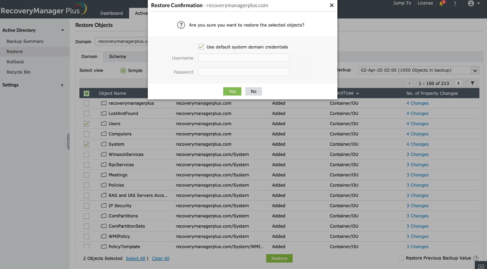 ManageEngine RecoveryManager Plus Restore Confirmation Dialog With Domain Credentials Option