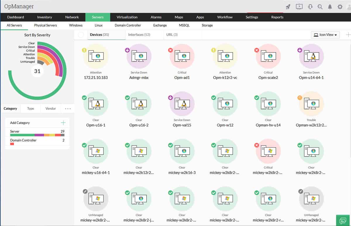 ManageEngine Opmanager operating system management view