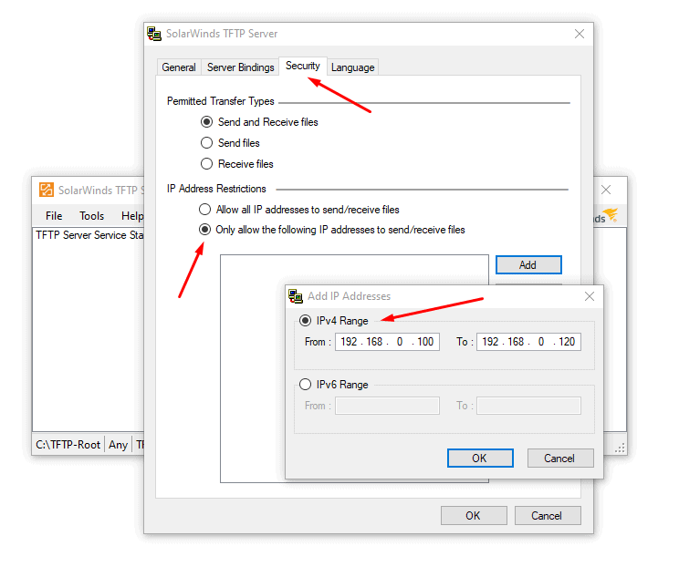 configure IP address restriction and file transfer types in the SolarWinds TFTP server