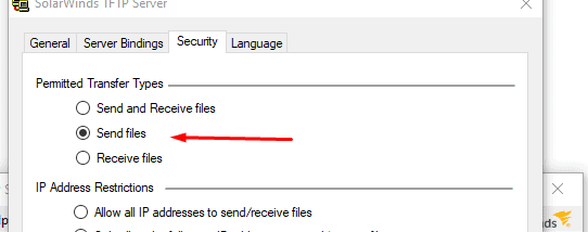 configure IP address restriction and file transfer types in the SolarWinds TFTP server